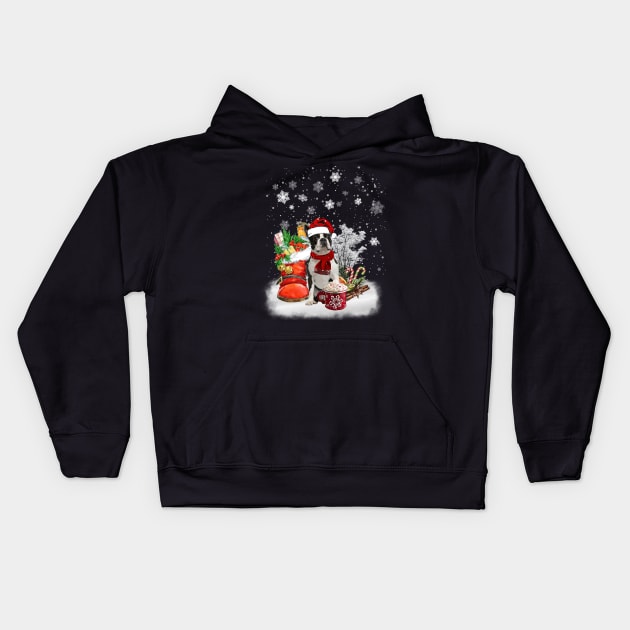 Winter Cup Santa Black Boston Terrier Merry Christmas Kids Hoodie by cogemma.art